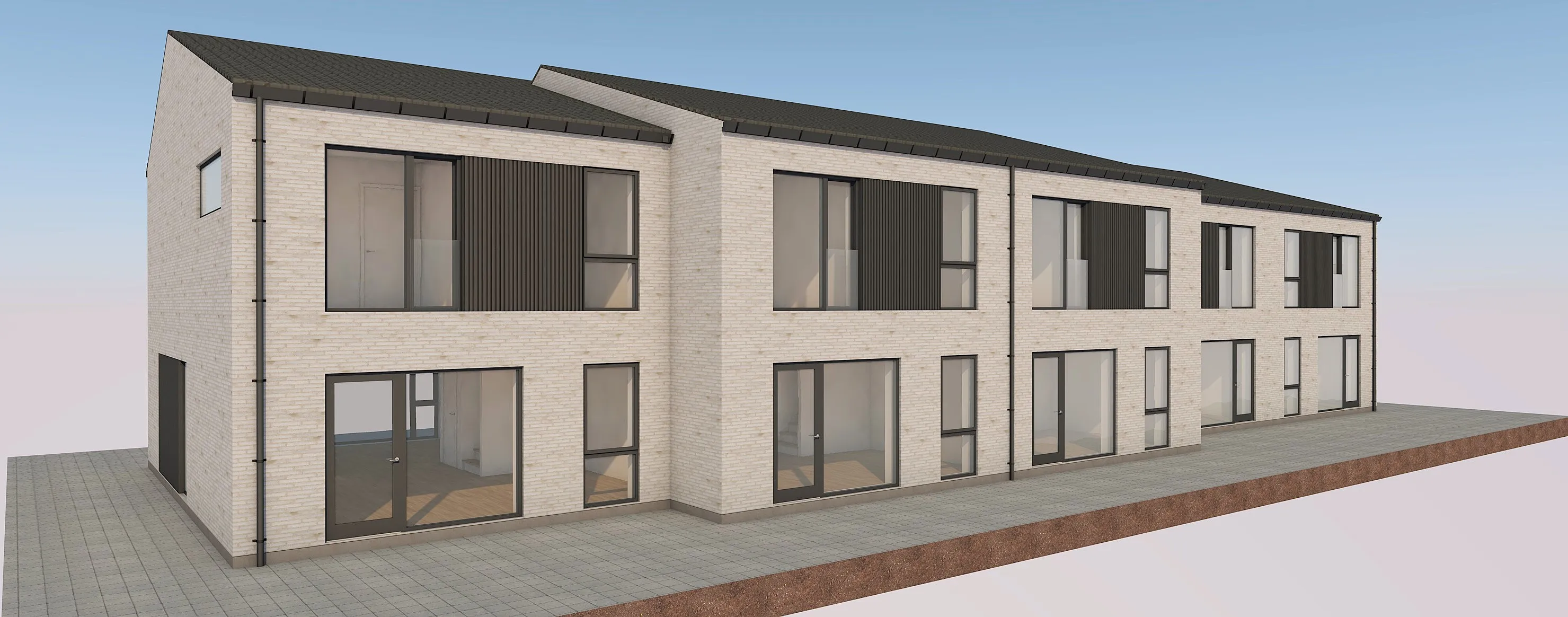 3D-visualisering af rækkehuse i Kohave, Herfølge, set udefra