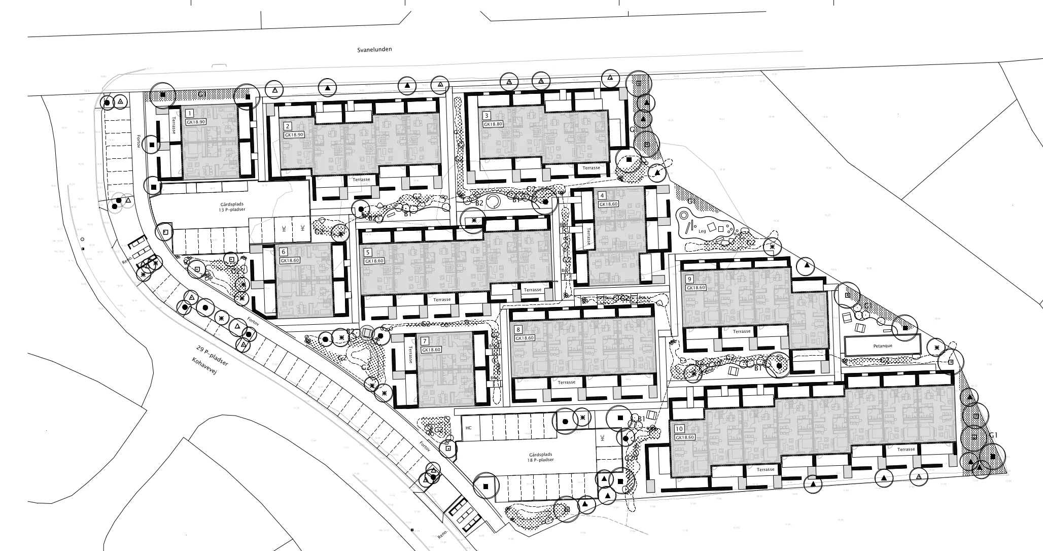 Landskabsplan for Kohave: 10 bygningsblokke langs Kohavevej, fælles gårdspladser med p-pladser, grønne arealer, legeplads og petanquebane